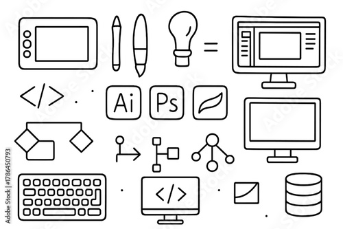 Digital Art Essentials. Hand-drawn doodle illustration, Digital art tools Hand-drawn doodle illustration Digital art tools graphic tablets, styluses, digital
