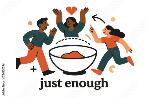 Mindful Eating Illustration. Mindful Eating ? Portion Awareness. Simple bowl with minimal filling; dotted line compares fullness. Caption ?just enough? shines