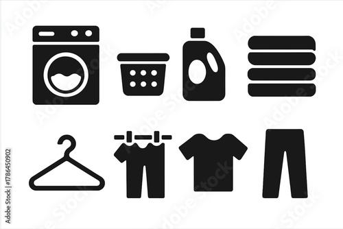 Laundry Icon Set. Laundry Day. Filled icon set of Laundry Day: washing machine, laundry basket, detergent