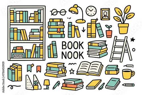 Cozy Book Nook. Book nook. Hand-drawn doodle illustration bookshelf (colored), hardcover books (colored), paperback books (colored), book spines (colored),