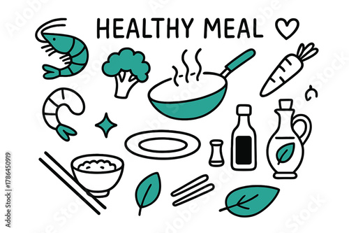 Healthy Meal Doodles. // Healthy meal. Hand-drawn doodle illustration Healthy meal [shrimp (accented), broccoli (accented), carrot, wok (accented), soy sauce,