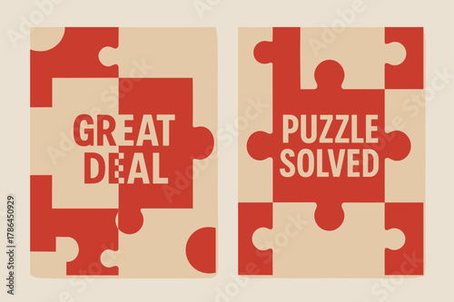 Puzzle Promotion Banners. DEAL. Two vertical A6 banners with safe margins, centered composition, no elements touching edges, geometric, red and beige, puzzle
