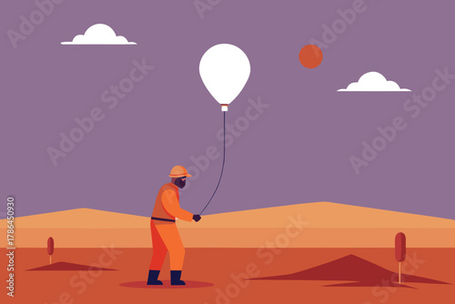 World Meteorological Day Vector – Researcher Launching Weather Balloon at Sunrise