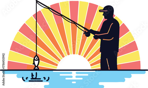 Fisherman Silhouette at Sunrise or Sunset with Catch on a Line Retro Style Graphic