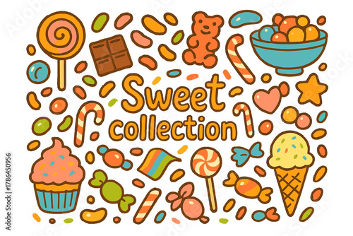 Sweet Treat Doodles. Sweet collection. Hand-drawn doodle illustration of Sweet collection. Lollipops,