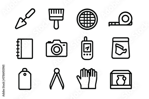 Archaeology Tools Icons. Archaeology tools for relics. Line icon set of archaeology tools: trowel, brush, sieve, measuring tape, field notebook, camera, gps