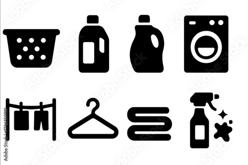 Laundry Icons Collection. Laundry day essentials. Filled icon set of laundry day essentials: basket, detergent