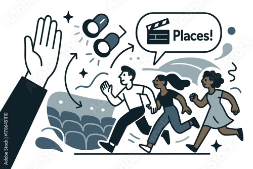 Dynamic Theater Scene. Amphitheater ? Director?s Cue. A raised hand gives the signal; cue lights blink in a tidy sequence. Notation ?Places!? springs from a