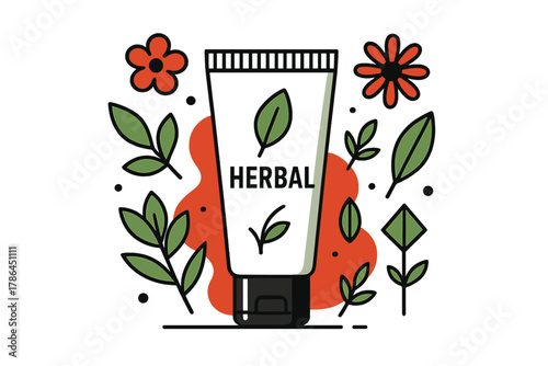Herbal Product Packaging. Herbal product packaging. A tube surrounded by abstract floating flowers, leaves,