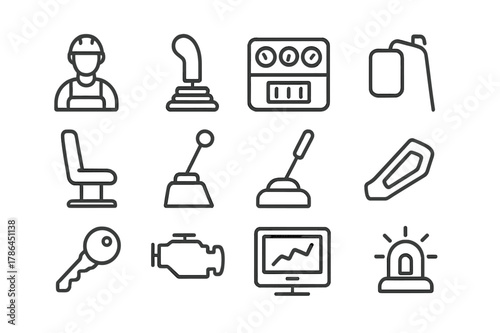 Bulldozer Icons Set. Bulldozer operation. Line icon set of bulldozer operation: operator, joystick, seat, dashboard, control panel, lever, rearview mirror,