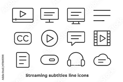 Streaming Subtitle Icons. Streaming subtitles. Line outline icon set of streaming subtitles: video player,
