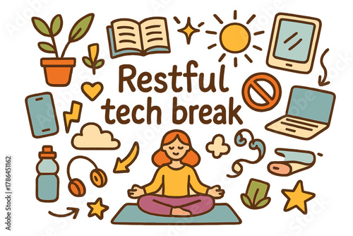 Restful Tech Retreat. Restful tech break. Hand-drawn doodle illustration of restful tech break. Meditation