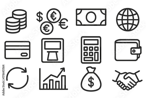 Exchange Market Icons. Exchange market icons. Line outline icon set of exchange market icons: coin stack,