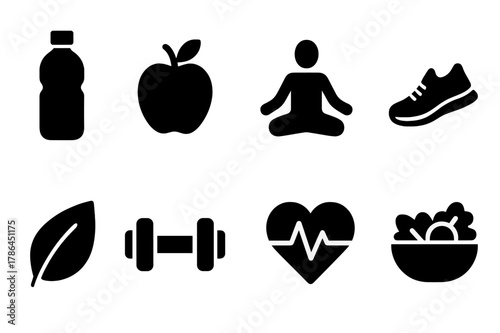 Healthy Lifestyle Icons. Healthy lifestyle. Filled icon set of healthy lifestyle: water bottle, apple, yoga
