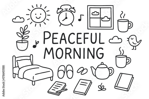 Peaceful Morning Doodle. Peaceful Morning. Hand-drawn doodle illustration of getting up early to enjoy a