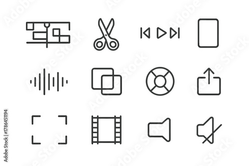 Video Editing Icons. Video Editing. Line icon set of Video Editing: timeline, playhead, scissors cut, playback controls, clip segment, sound wave, transition