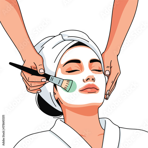 Woman Receiving Professional Facial Mask Treatment with Application Brush for Skincare and Relaxation