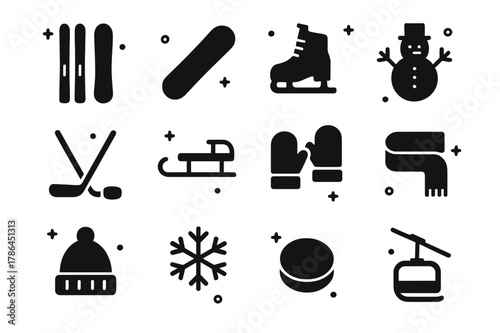 Winter Sports Icons. winter sports. Solid icons set of winter sports: ski, snowboard, ice skate, snowman, hockey stick, sled, mittens, scarf, warm hat,