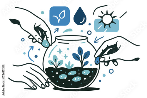 DIY Terrarium Creation. DIY terrarium. Hands placing glowing pebbles and miniature plants inside a glass