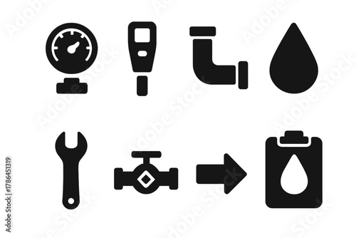 Water Testing Icons. Water testing tools. Filled icon set of water testing tools: pressure gauge, meter, pipe,