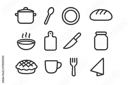 Homemade Meal Icons. Homemade meals. Line outline icon set of homemade meals: pot, spoon, plate, bread, soup