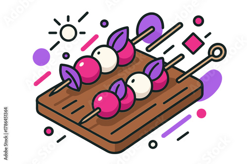 Vibrant Caprese Skewers. Caprese Skewers. Caprese skewers on a wooden board with floating abstract geometric shapes and soft glowing accents, vibrant and