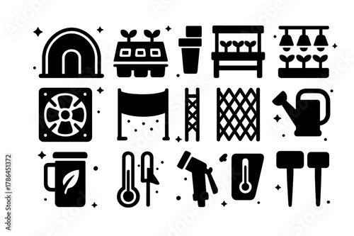 Organic Greenhouse Icons. Organic greenhouse cultivation. Solid icons set of Organic greenhouse cultivation: greenhouse frame, seedling tray, potting bench,