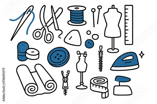 Tailoring Tools Doodle. // Tailoring essentials. Hand-drawn doodle illustration Tailoring essentials [needle (accented), scissors, thread spool (accented),