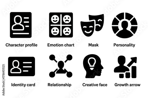Character Development Icons. Character development. Filled icon set of character development: character