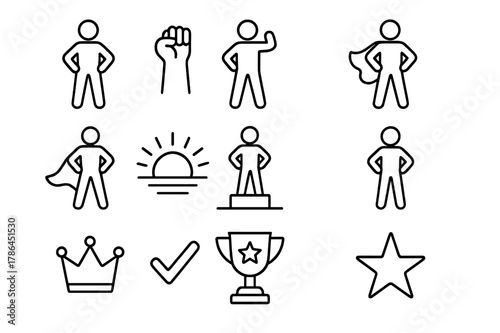 Empowerment Icon Set. Empowerment pose. Line icon set of empowerment pose: person standing tall, arms on hips, raised fist, confident stance, superhero