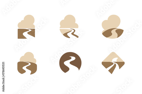 Desert Road Logos. Desert dirt road. Set Logo of Desert dirt road: dust plume trail. harmonious logo variations of the same emblematic concept, each with