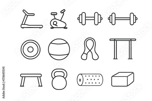 Fitness Equipment Icons. Fitness Equipment. Line icon set of Fitness Equipment: treadmill, stationary bike, dumbbell pair, barbell, weight plate, gym ball,