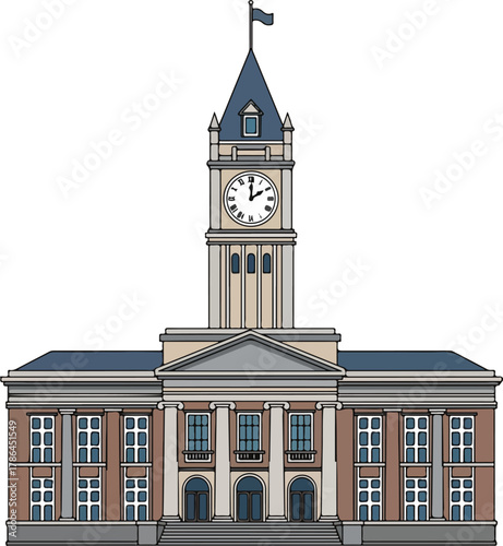 Classic Courthouse or City Hall Building with Clock Tower Illustration