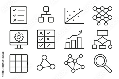 Supervised Learning Icons. Supervised learning. Line outline icon set of supervised learning: labeled dataset,