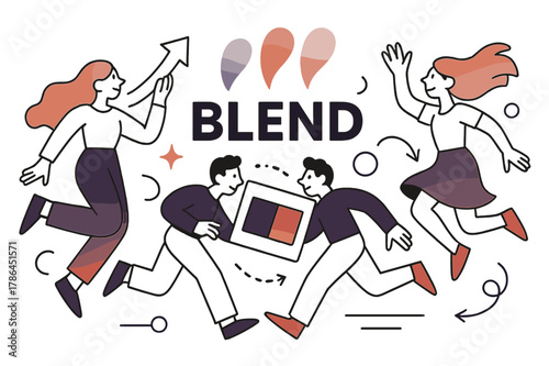 Colorful Motion Blend. Color blocking & dip dye. Strands fade from cream to bold color; ?Blend? floats as droplets turn to soft gradients. A palette card shows