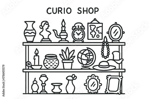 Eclectic Curio Shop. Curio shop. Hand-drawn doodle illustration curio shop shelf, vase, figurine, lamp, old clock, map, jewelry, candle, basket, plant, globe,