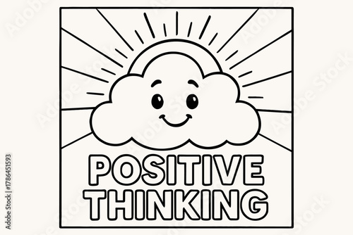 Uplifting Cloud Coloring. Positive thinking children?s coloring book illustration, outlined drawing, smiling