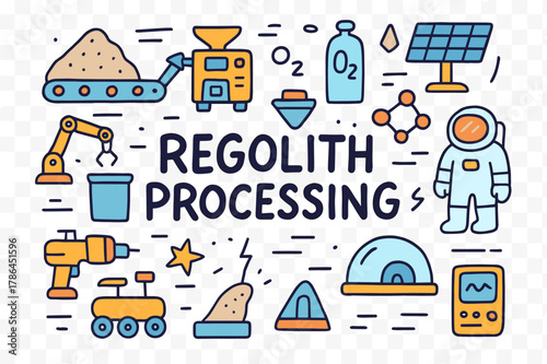 Regolith Processing Doodle. Regolith processing. Hand-drawn doodle illustration of Regolith processing. Moon
