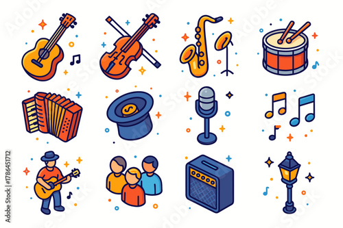 Outdoor Music Icons. Outdoor musician. Colorful isometric vector icons set of outdoor musician: guitar, violin, saxophone, drum, accordion, hat for tips,