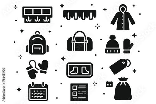 Mudroom Essentials Icons. Mudroom storage with hooks. Solid icons set of Mudroom storage with hooks: cubby shelf, hook strip, raincoat, school backpack, sports