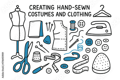 Sewing Essentials Icons. // Creating hand-sewn costumes and clothing. Hand-drawn doodle illustration creating hand-sewn costumes and clothing [dress form