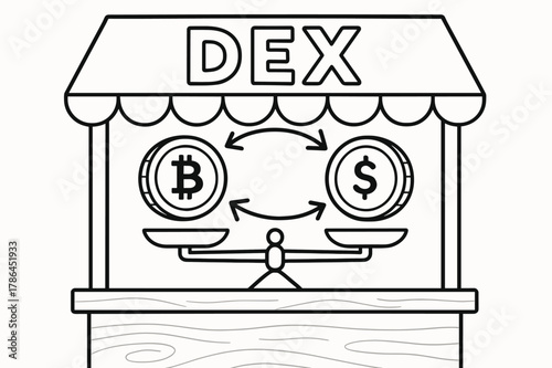 Coin Characters Swap. Decentralized exchange (DEX) children?s coloring book illustration, outlined drawing, a friendly market stall with two coin characters