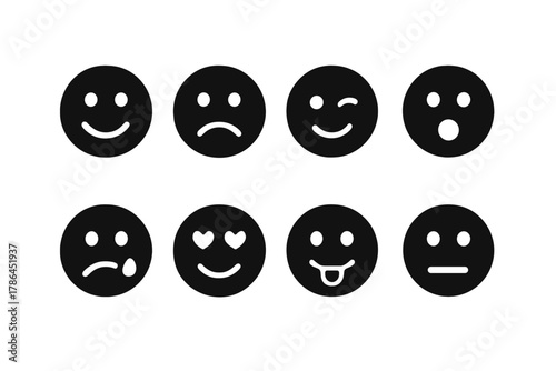 Black Emotion Icons. Emotions. Filled icon set of emotions: smile, frown, wink, shocked, tear, heart eyes,
