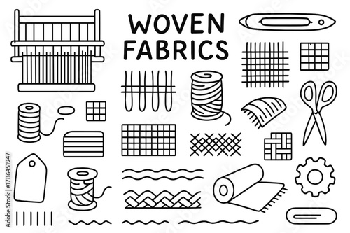 Woven Fabric Icons. Woven fabrics. Hand-drawn doodle illustration woven fabrics loom, yarn, shuttle, warp threads, pattern grid, scissors, spool, stripe lines,