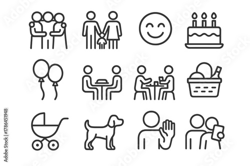 Family Icons Collection. Family and Friends. Line icon set of Family and Friends: group hug, holding hands, laughter face, birthday cake, balloons, shared