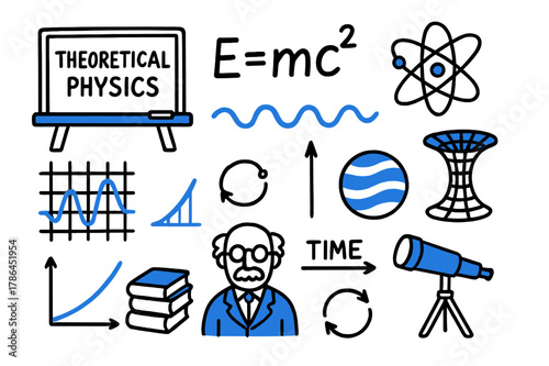 Theoretical Physics Doodles. // Theoretical physics. Hand-drawn doodle illustration Theoretical physics [blackboard (accented), formula E=mc? (accented), atom