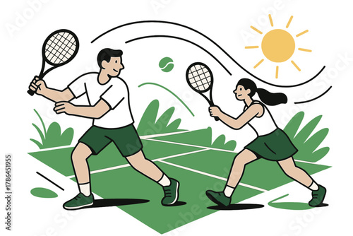 Dynamic Tennis Scene. Outdoor fun. Two players on a tennis court mid-swing, motion lines curve across the