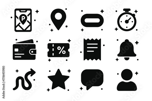 Mobile Parking App Icons. Mobile parking app features. Solid icons set of Mobile parking app features: map screen, geolocation pin, reserve button, timer,