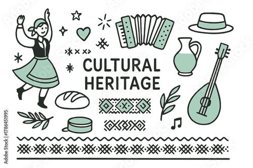 Cultural Heritage Doodle. // Cultural heritage. Hand-drawn doodle illustration Cultural heritage [folk dancer (accented), accordion (accented), traditional hat
