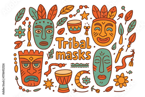 Vibrant Tribal Masks. Tribal masks. Hand-drawn doodle illustration of tribal masks. Mask, feathers, beads,